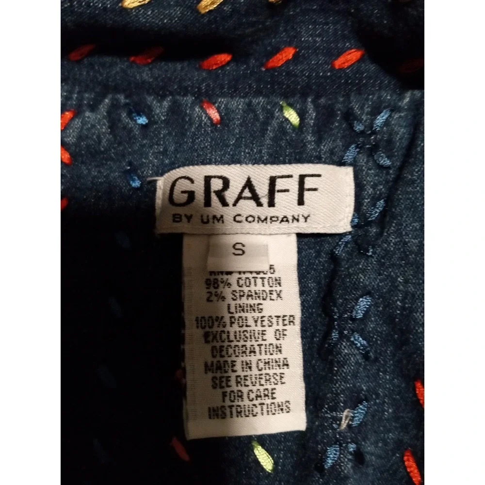 Graff By Um Denim Blue Jean Jacket Embroidered Colorful Button Up Women's Size S